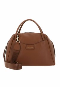 Sac à main en cuir marron avec double poignées et une bandoulière amovible. Doté de quincaillerie dorée et d'un accent logo sur le devant.