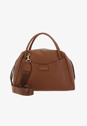 Borsa a mano in pelle marrone con doppi manici e tracolla rimovibile. Presenta accessori in oro e un logo sulla parte anteriore.