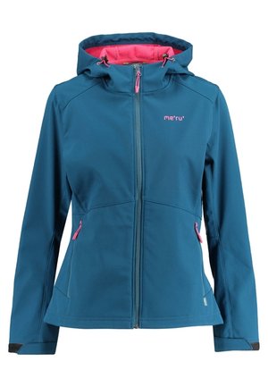 Blå softshell-jakke med lyserød fleecefoer, frontlynlås, hætte med snore og lynlåslommer i siderne, dameudendørsbeklædning.