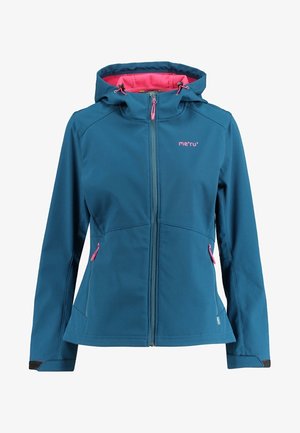 Blå softshell-jakke med lyserød fleecefoer, frontlynlås, hætte med snore og lynlåslommer i siderne, dameudendørsbeklædning.