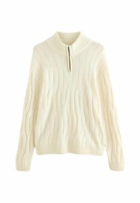 Cream-colored knitted sweater with cable knit design, ribbed collar, cuffs, and hem. Features a quarter-length zipper at the neck.