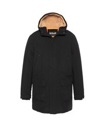 Zwarte parka jas met capuchon, voorzien van een tan kleurige fleece voering, een rits aan de voorkant, drukknoopsluiting en twee grote buitentasjes.