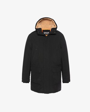 Sort parka-jakke med hætte, med en tan fleece-foring, frontlynlås, trykknaplukninger og to store yderlommer.