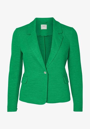 Blazer vert en tissu texturé ; doté d'un col cranté, d'une fermeture à un bouton et de deux poches avant.