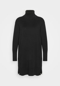 Abito a maglia nera con collo alto, maniche lunghe, polsini a costine e spacchi laterali. Tessuto morbido e vestibilità comoda.