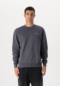 Grå sweatshirt laget av mykt stoff, med rund halslinning og lange ermer. Viser en liten logo på venstre bryst.