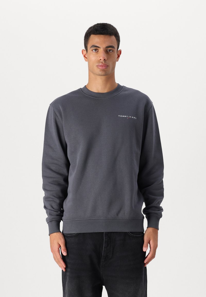 Grå sweatshirt laget av mykt stoff, med rund halslinning og lange ermer. Viser en liten logo på venstre bryst.