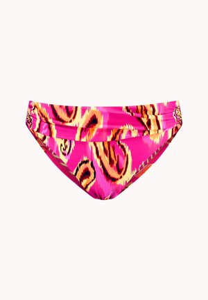 Roze bikini onderkant met een spiraalpatroon in oranje, geel en zwart, met geplooide zijkanten en een gladde textuur.