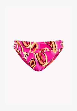 Roze bikini onderkant met een spiraalpatroon in oranje, geel en zwart, met geplooide zijkanten en een gladde textuur.