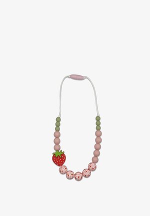 Collana di perline con perline rosa, verdi e decorate, con un accentuato pendente a forma di fragola rossa. Texture in silicone liscia, lunghezza regolabile.