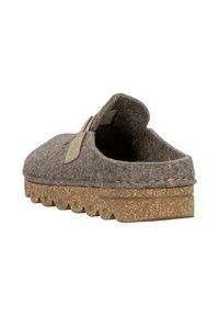 Brown felt slip-on slipper with a cork sole, featuring a rounded shape and a stitched seam along the edge. Includes a small tag detail.