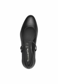 Black leather flat shoe with a rounded toe, ankle strap, and a smooth texture. Features a small buckle and branding on the insole.