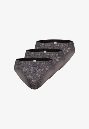 Set aus drei dunkelgrauen Slips mit schwarzem Paisley-Muster und schwarzen elastischen Taillenbändern, übereinander auf weißem Hintergrund angeordnet.