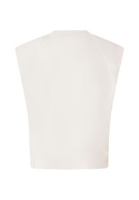 Top sin mangas blanco con escote redondo y textura suave, con un diseño limpio y minimalista. Sin patrones visibles ni detalles de herrajes.