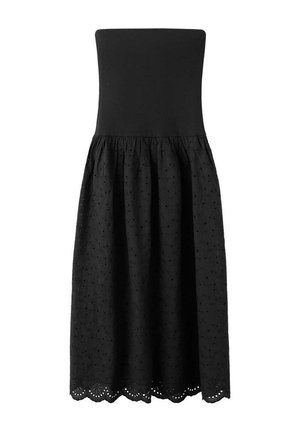 Robe midi noire bustier ajustée avec broderie œillets sur la jupe évasée et ourlet festonné.