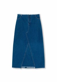 Középkék denim A-vonalú szoknya, térd alá érő, elülső hasítékkal, nyers szegéllyel és varrott részletekkel az illesztéseknél. Magas derekú kivitel.