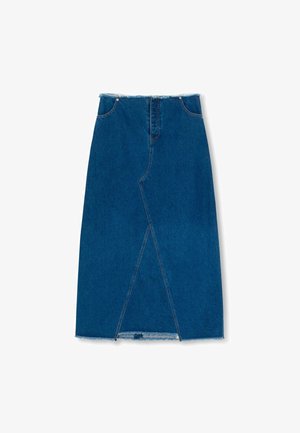 Džinsinė A linijos sijonas vidutinio mėlynumo, iki kelių ilgio, su priekiu skilimu, negalutiniais kraštais ir siuvinėjimu siūlėse. Aukštas juosmuo.