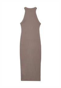 Robe débardeur en ribibé marron avec une silhouette ajustée, sans manches, décolleté rond et longueur à hauteur des genoux. Fabriquée en matière extensible.