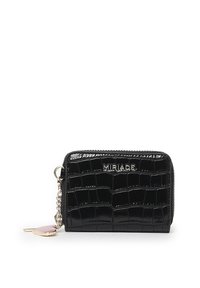 Portefeuille noir brillant avec un motif crocodile, cha�îne dorée et un charme en forme de cœur rose, fermeture éclair et marquage "MIRIADE".