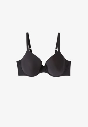 Schwarzer gepolsterter BH mit verstellbaren Trägern, glatter Textur, vorgeformten Tä cups und einem U-förmigen Mittelteil, entworfen für einen nahtlosen Sitz und Unterstützung.