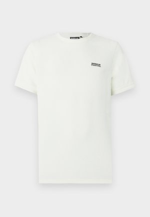White cotton t-shirt with short sleeves and crew neck. Features a small black logo text on the left chest area. Smooth texture.