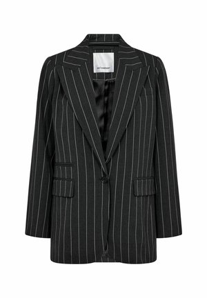 Schwarzes Nadelstreifen-Blazer mit Reverskragen, einer einzelnen Knopfverschluss und zwei vorderen Taschen. Glattes Gewebe mit leicht strukturiertem Schnitt.