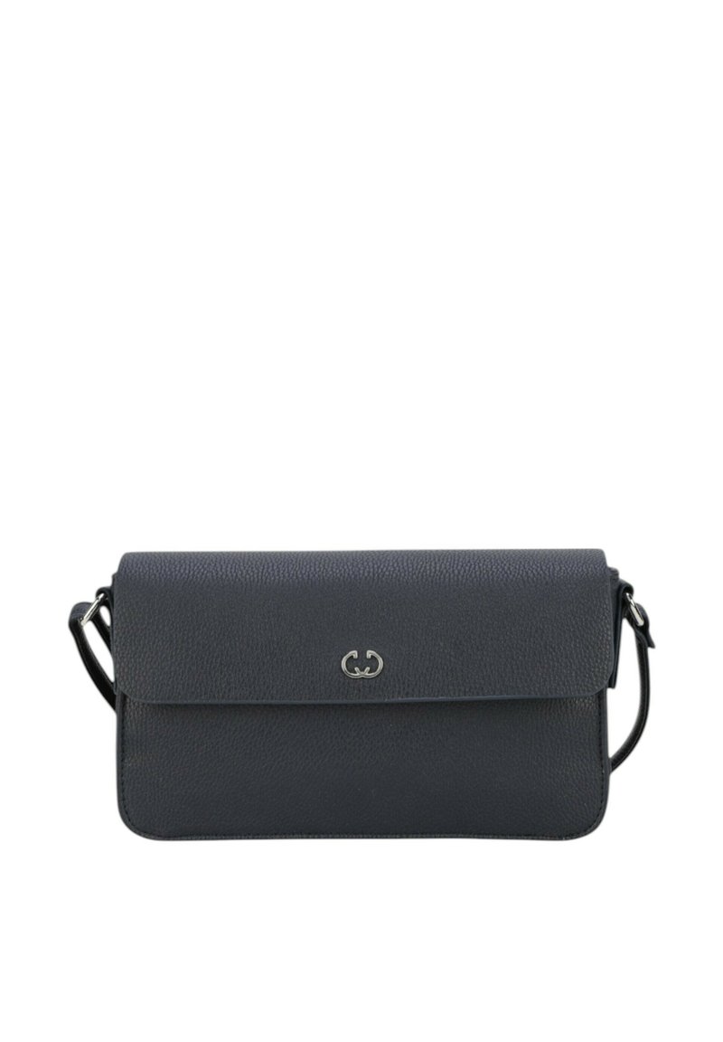 Borsa a tracolla in pelle grigio scuro con finitura texturizzata, chiusura a patta e tracolla regolabile. Presenta un accento del logo in tono argento sul fronte.