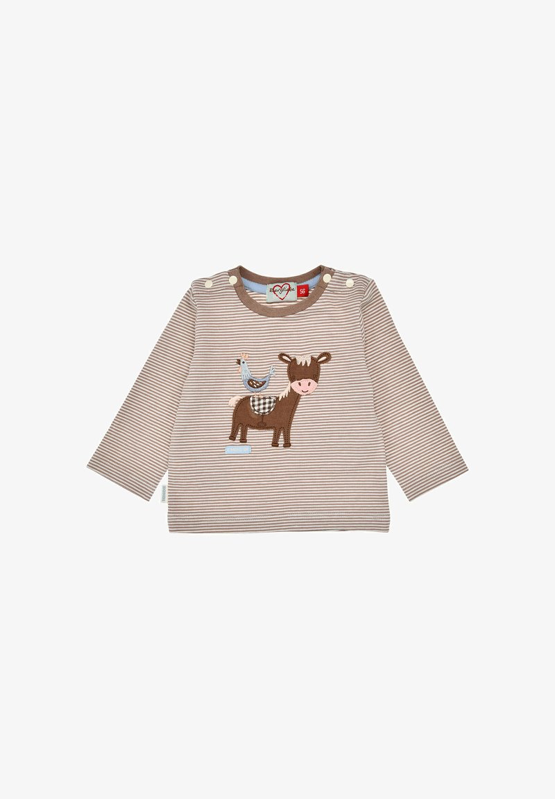 Langärmliges Hemd mit braun-beigen Streifen, das eine Stickerei von einer Kuh und einem Vogel mit karierten Akzenten zeigt. Druckknöpfe an der Schulter zur Befestigung.