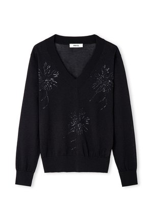 Pull noir à col en V avec manches longues, orné de discrètes broderies florales en sequins sur la poitrine et le centre avant.