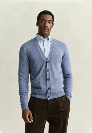 Man wearing light blue buttoned cardigan over a light blue collared shirt and dark brown corduroy pants, standing against a plain background.