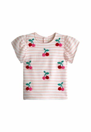 Różowo-biała koszulka dla malucha z krótkim rękawem, w paski, z haftowanymi czerwonymi i różowymi parami wiśni oraz zielonymi liśćmi.