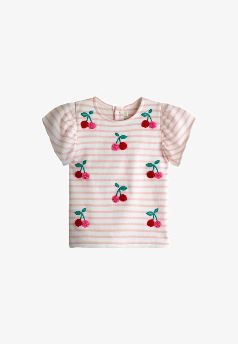 Ružovo-bielo prúžkované tričko s krátkym rukávom pre malé deti s vyšívanými červenými a ružovými čerešňami v pároch a zelenými listami.
