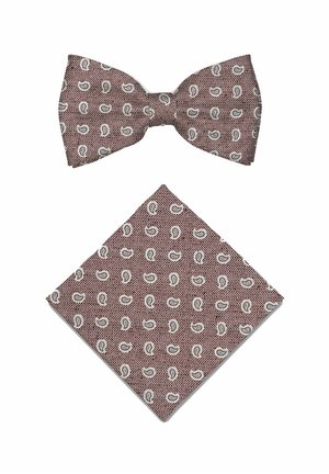 Rode en witte visgraatstrik en bijpassend pochet met kleine witte paisley patronen op een witte achtergrond.