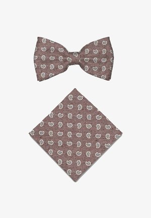 Red and white herringbone bow tie and matching pocket square with small white paisley patterns on a white background.