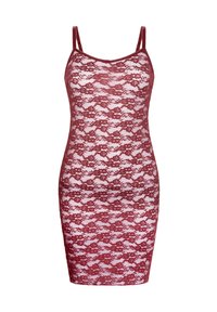 Κόκκινο φόρεμα από δαντέλα με λεπτές τιράντες, εφαρμοστή γραμμή, σχέδιο με λουλουδάτη δαντέλα και λεία υφή. Στυλ που φορι έται εύκολα, με λαιμόκοψη σε σχήμα στρογγυλής λεκάνης.