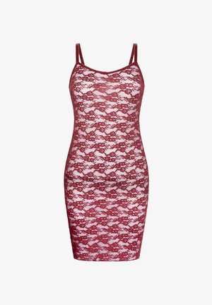 Rotes Spitzenkleid mit Spaghettiträgern, figurbetontem Schnitt, floralem Spitzenmuster und glatter Textur. Zum Überziehen, mit Rundhalsausschnitt.