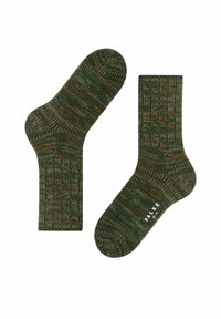 Calzini lavorati a maglia con motivo verde e marrone, di lunghezza alla caviglia, caratterizzati da una texture a coste e un piccolo logo bianco del marchio sulla suola.