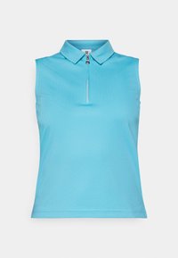 Polo sin mangas en azul claro, confeccionado en tejido texturizado. Cuenta con cuello con solapa y cierre de cremallera en la parte delantera.