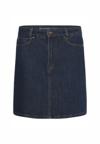 Jupe en denim foncé à coupe droite, dotée de cinq poches, d'une fermeture à bouton en laiton et de coutures contrastées le long des coutures.