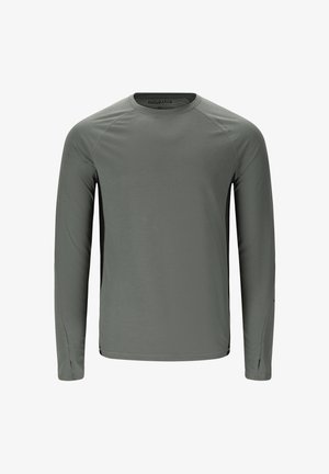 Maillot de sport à manches longues, vert olive, avec des panneaux latéraux noirs et des trous pour le pouce aux poignets, présenté sur un fond blanc.