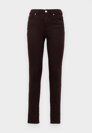 Černé skinny džíny vyrobené z denimu, s klasickým pětipocket designem, poutky na opasek a jedním kovovým knoflíkem na zavírání v pase.