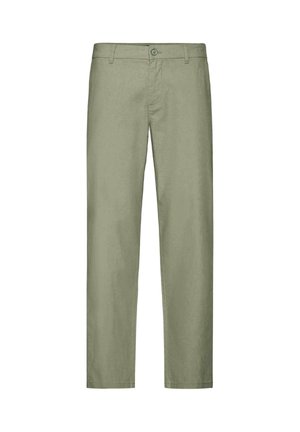 Moške khaki hlače s kratkimi nogavicami, z zapenjanjem na gumb in zadrgo, z zankami za pas in stranskimi žepi.