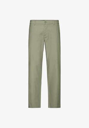 Moške khaki hlače s kratkimi nogavicami, z zapenjanjem na gumb in zadrgo, z zankami za pas in stranskimi žepi.