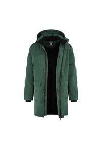 Groene gewatteerde jas met een capuchon, ritssluiting en drukknoopsluiting, twee voorkeurszakken en een zwarte voering. Beschikt over elastische manchetten voor extra comfort.