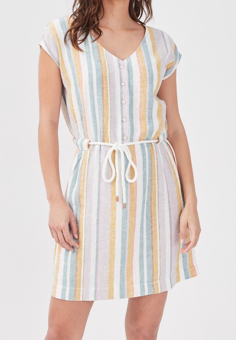 Robe rayée dans des couleurs pastel, avec un col en V, des manches courtes, des détails de boutons et une taille à cordon avec un tissu texturé.