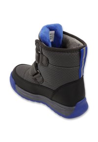 Czarno-szare buty z niebieskimi akcentami, teksturowana cholewka, rzepy oraz niebieska polarowa podszewka. Solidna podeszwa z wzorem antypoślizgowym.