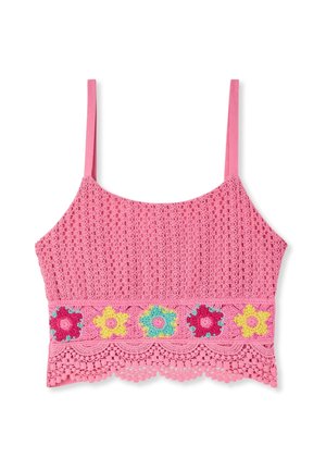 Top corto rosa all'uncinetto con spalline sottili, decorato con fiori colorati all'uncinetto e orlo smerlato.