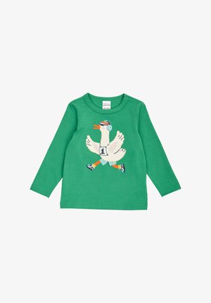 Green long-sleeve shirt with a running goose wearing headphones, sports shorts, and sneakers, numbered "1" on the chest.