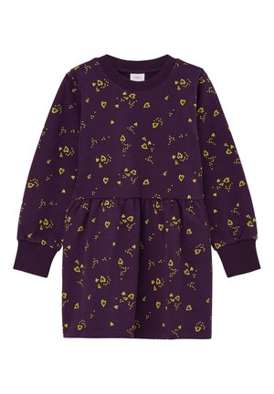 Lila Kleid mit geraffter Taille, verziert mit gelbem Herz- und Punktmuster. Lange Ärmel sowie gerippter Kragen und Bündchen. Glatte Textur.