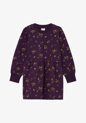 Lilla kjole med en rynket talje, prydet med et mønster af gule hjerter og prikker. Lange ærmer og ribbet halsudskæring samt manchetter. Glat tekstur.